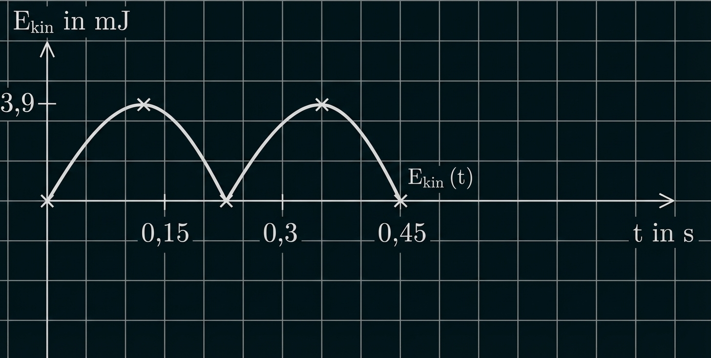 Diagramm: Kinetische Energie E_kin (mJ) als wellenförmige Kurve über Zeit t (s), Maxima bei etwa 0,15 s und 0,3 s.