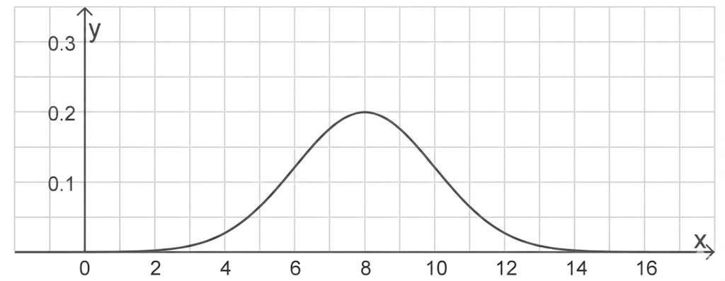 Gekacheltes Koordinatensystem mit glockenförmiger Kurve, Spitze bei x≈8 y≈0.2, x- und y-Achse beschriftet