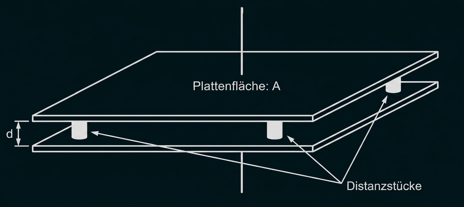 Skizze: zwei parallele Platten (Plattenfläche A) mit Abstand d, gehalten von zylindrischen Distanzstücken