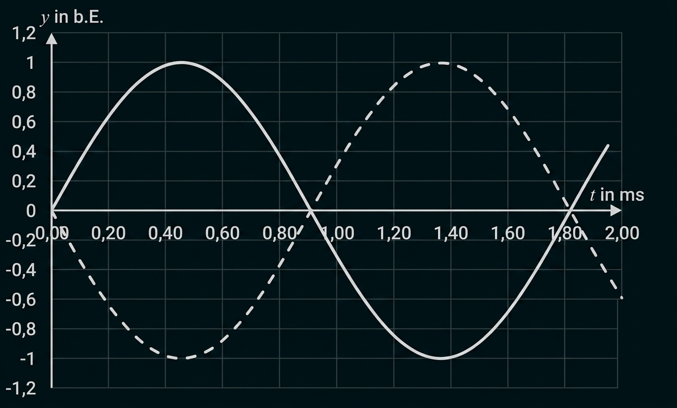 Diagramm mit zwei Sinuskurven (durchgezogene und gestrichelte) auf Gitternetz, Achsenbeschriftung y in b.E. und t in ms.