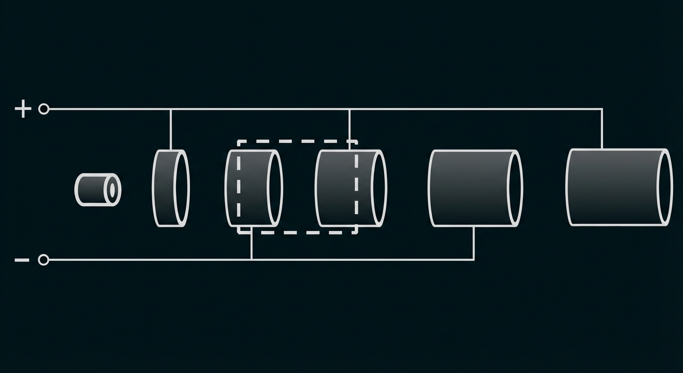 Reihe grauer Zylinder in unterschiedlichen Größen, verbunden durch Leitungen mit Plus- und Minus-Symbolen