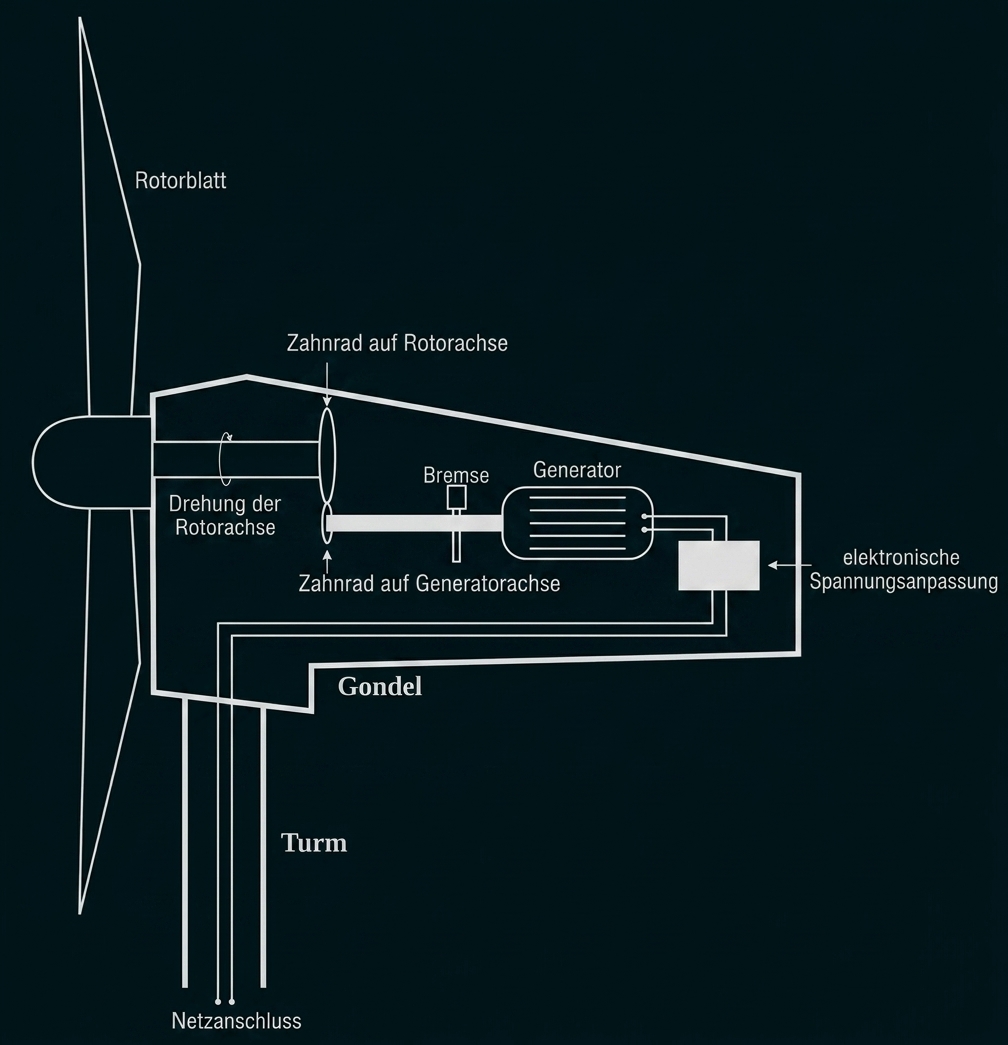 Schematische Darstellung einer Windkraftanlage mit Rotorblatt, Generator, Gondel und Turm