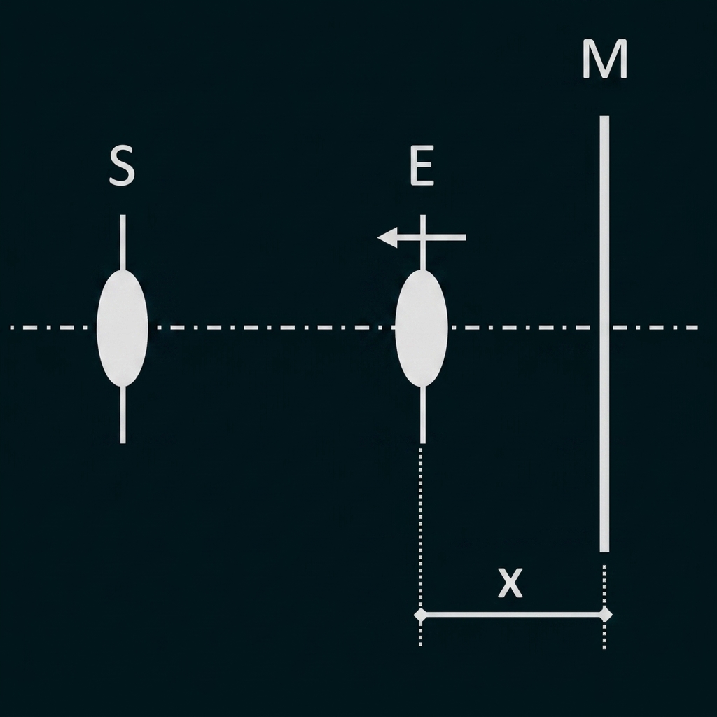 Schematische Skizze: drei vertikale Stäbe, zwei ovale Körper, Pfeil nach links und Abstand x markiert.