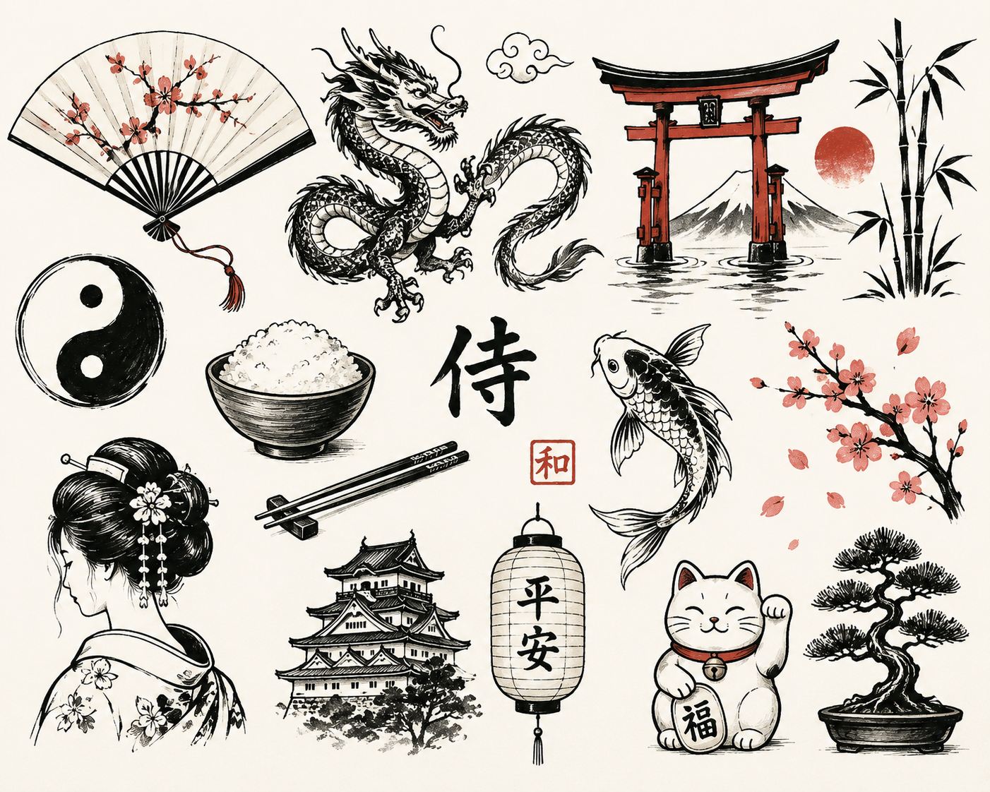 Collage japanischer Symbole: Drache, Koi, Torii, Geisha, Maneki-neko, Bonsai, Kirschblüten, Laterne, Reis und Fächer