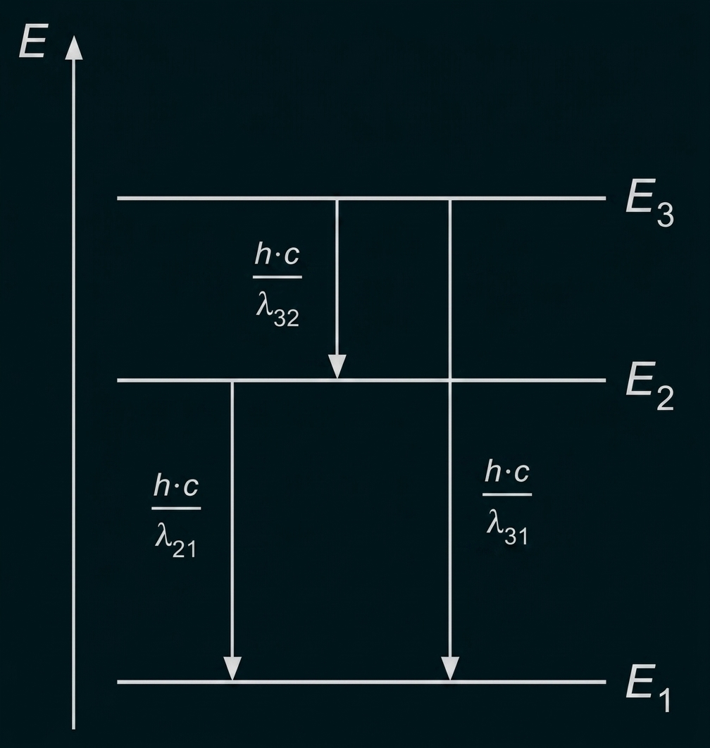 Drei Energielevel E3, E2, E1 mit abwärts gerichteten Übergangspfeilen und Beschriftungen h·c/λ32, h·c/λ31, h·c/λ21
