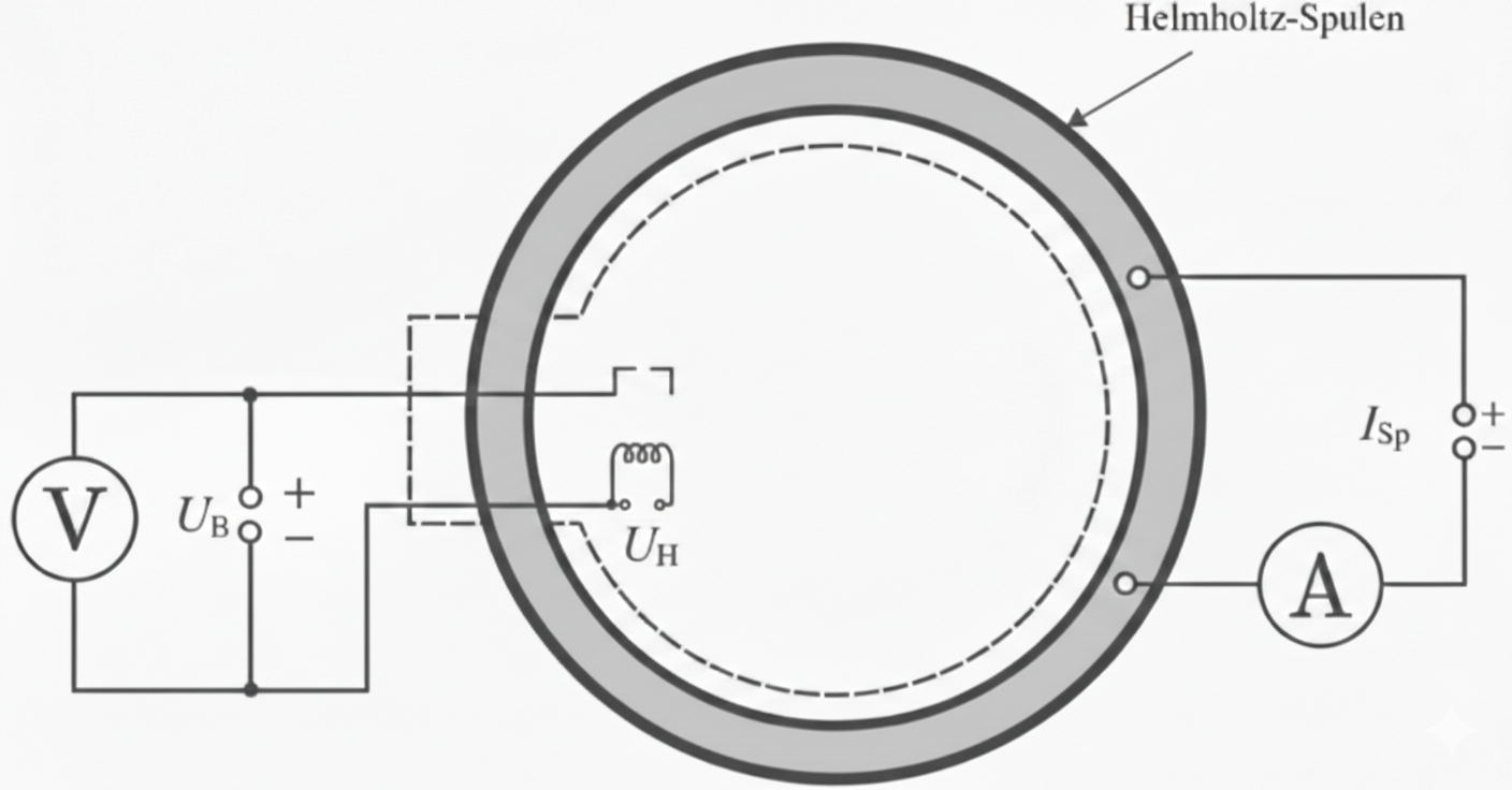 Schematische Darstellung einer Helmholtz-Spule mit angeschlossenem Voltmeter, Amperemeter und Spannungsquelle.
