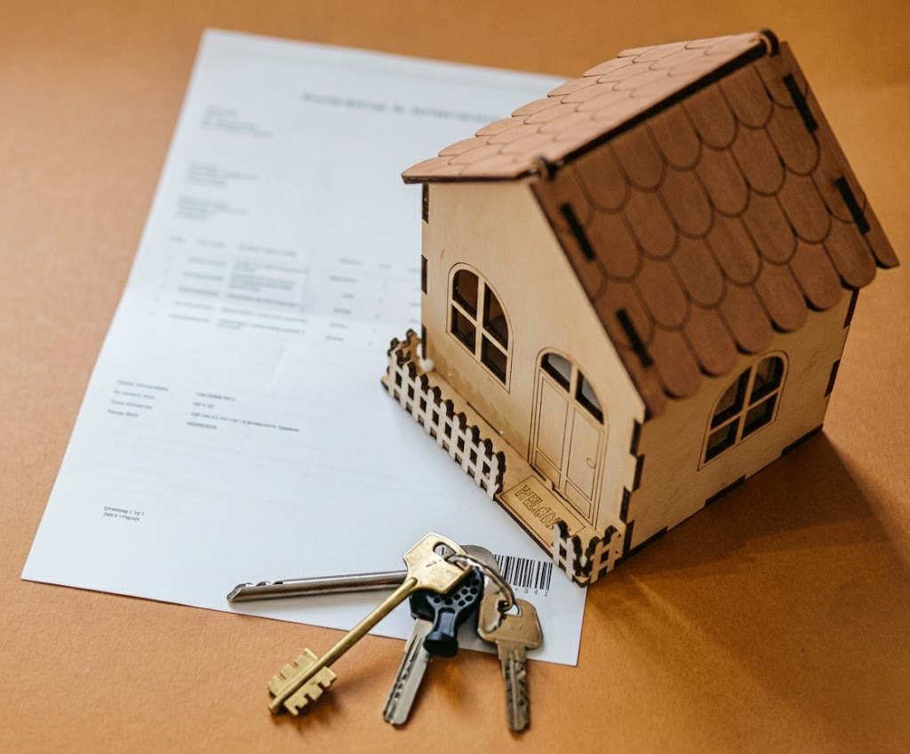 Holzhausmodell auf Dokumenten mit Schlüsselbund