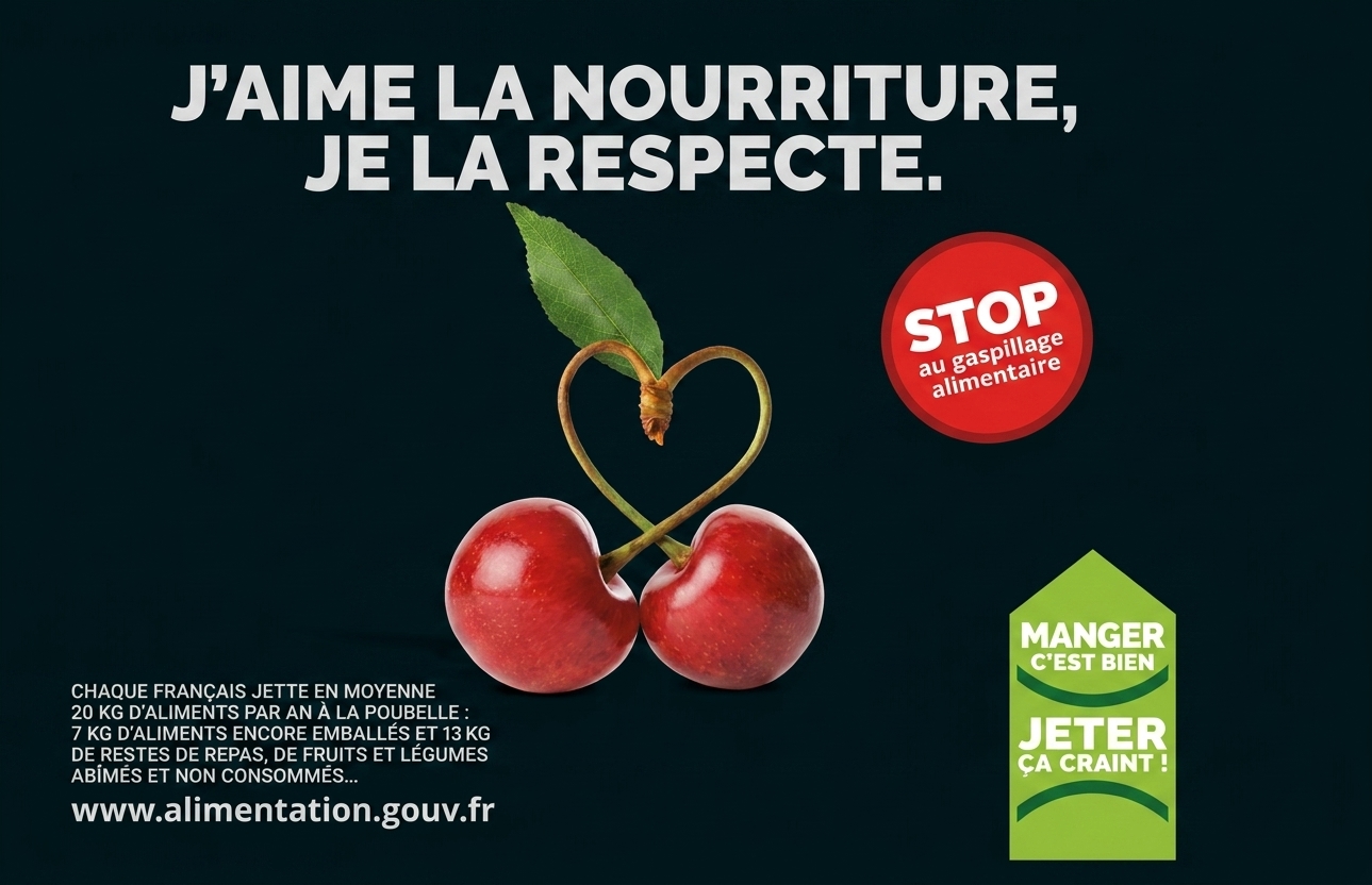 Plakat gegen Lebensmittelverschwendung: zwei Kirschen mit herzförmigen Stielen und französischen Slogans.