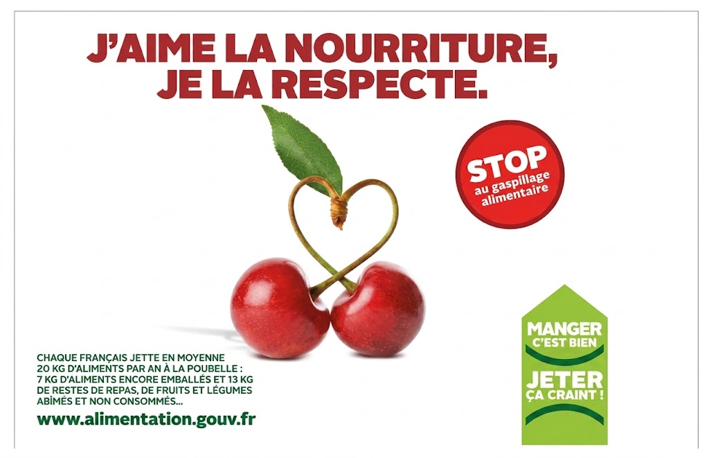 Plakat gegen Lebensmittelverschwendung: zwei Kirschen mit herzförmigen Stielen und französischen Slogans.
