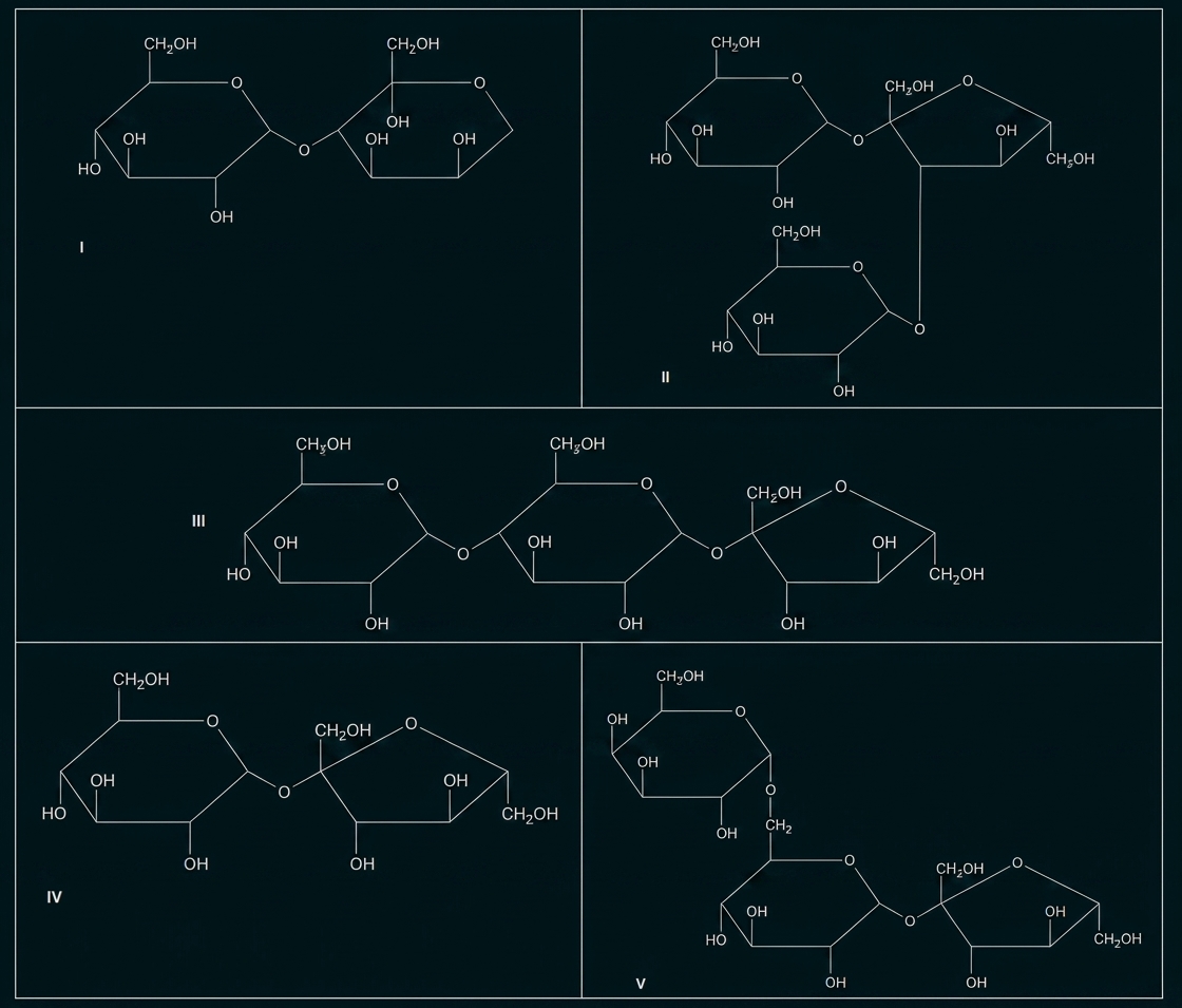 Diagramm mehrerer ringförmiger Zuckermoleküle in Kästchen, verschiedene Strukturformeln beschriftet I–V