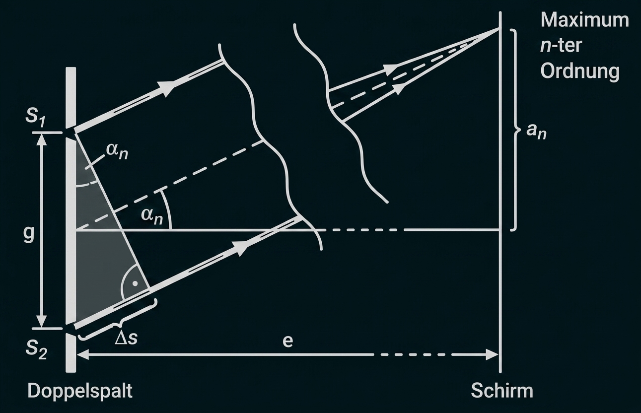 Schema eines Doppelspalt-Experiments mit Beugungs- und Interferenzmustern auf einem Schirm