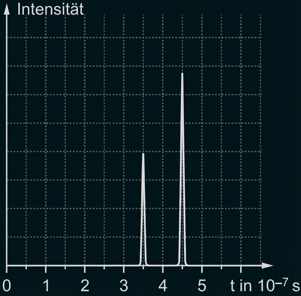 Diagramm Intensität gegen Zeit mit zwei schmalen Spitzen bei etwa 3·10^-7 s und 4·10^-7 s