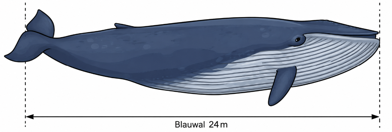 Illustration eines Blauwals mit Maßangabe 24 m