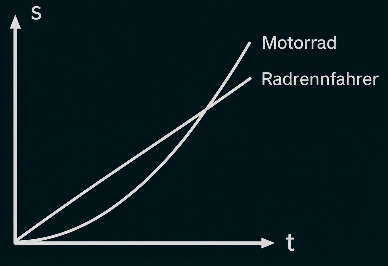 Weg-Zeit-Diagramm mit Motorrad und Radrennfahrer