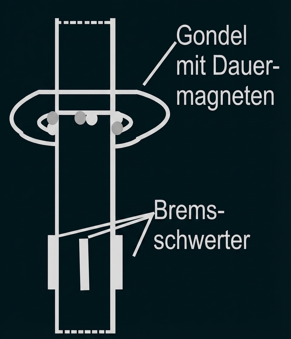 Schematische Zeichnung einer Gondel mit Dauermagneten und Bremsgewichten an einer Schiene