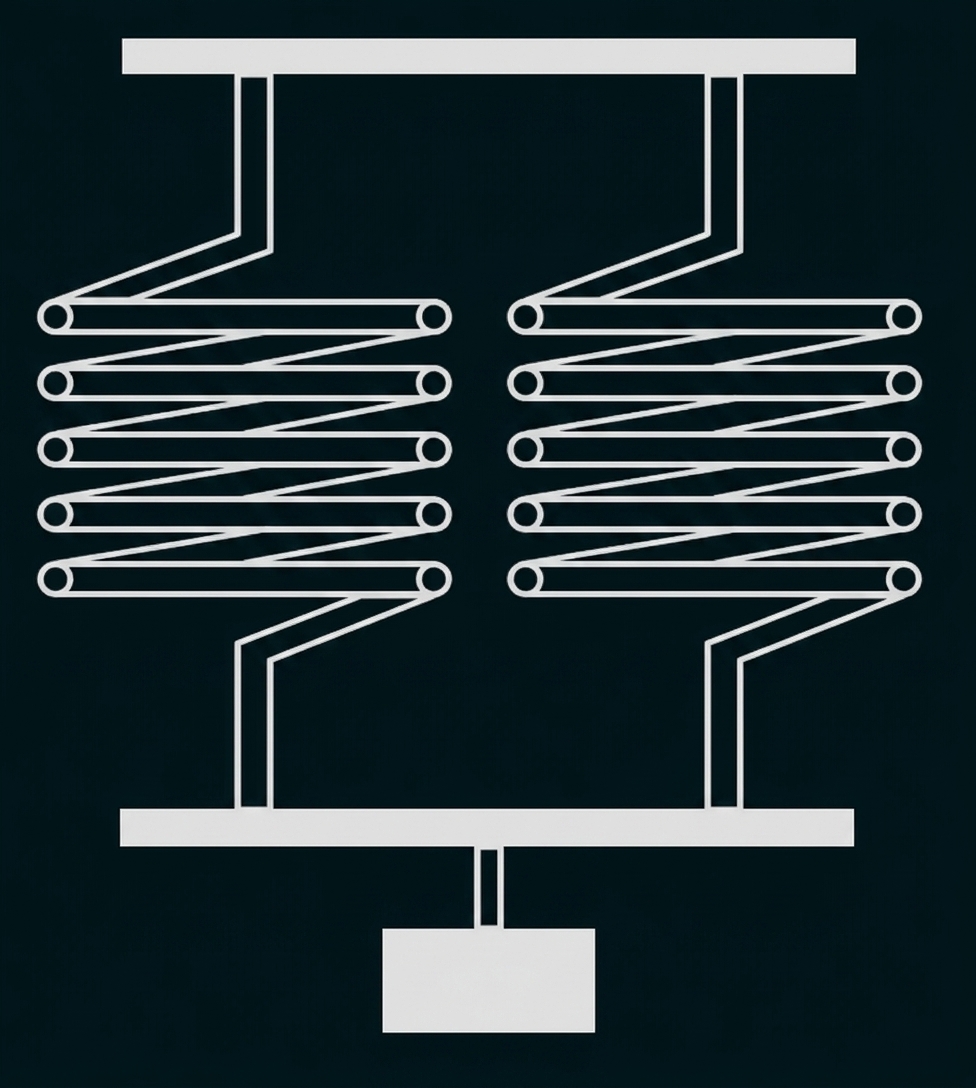 Technische Zeichnung einer Federkonstruktion mit zwei Spiralfedern und Aufhängung.