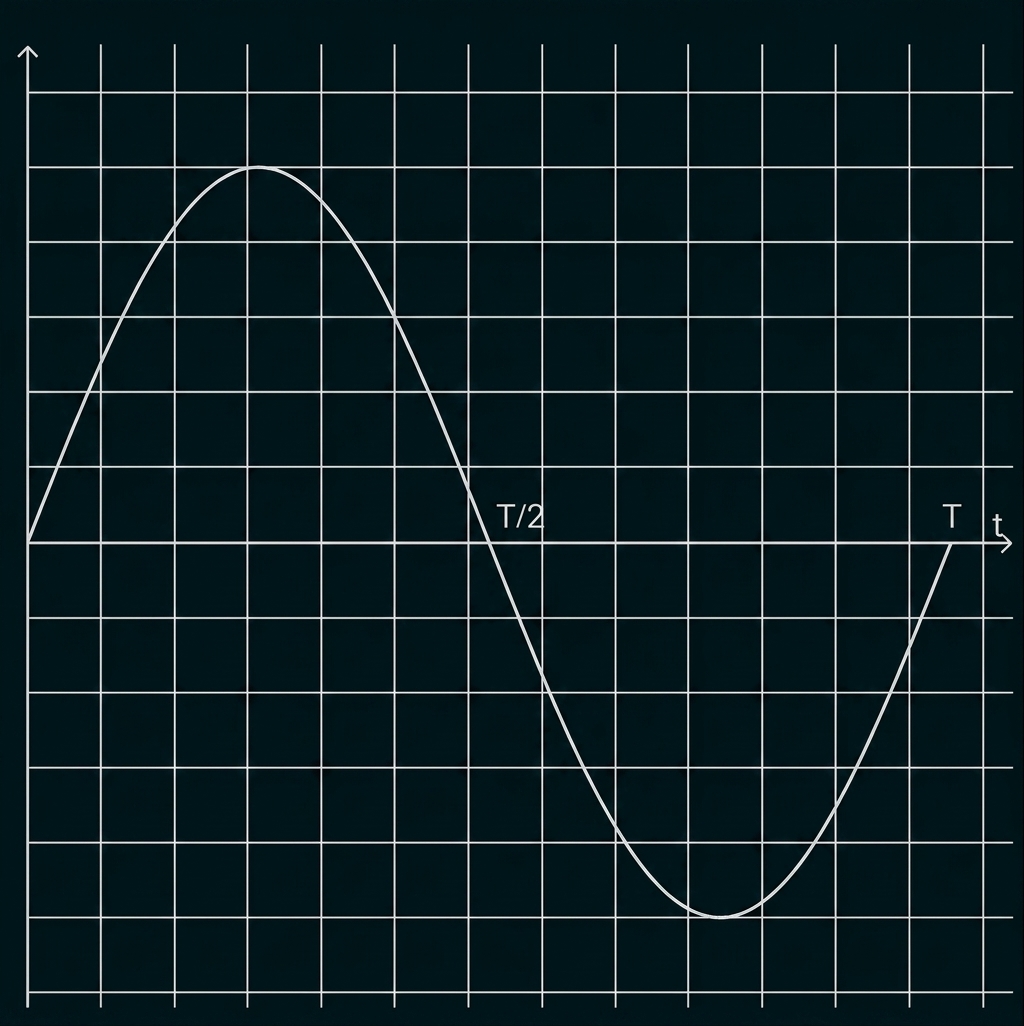 Sinusförmiger Graph auf kariertem Koordinatensystem mit Markierungen T/2 und T.