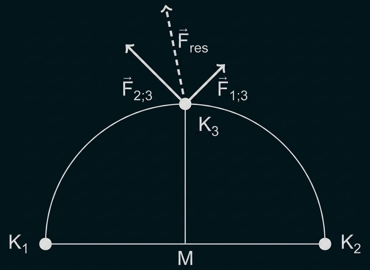 Halbkreis mit Punkten K1, K2, K3 und Mittelpunkt M; auf K3 zwei Kraftpfeile nach links/rechts oben und gestrichelte Resultierende.