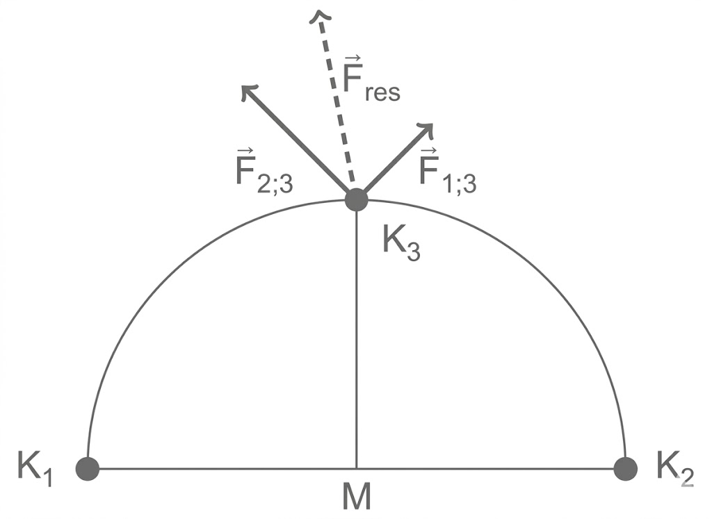 Halbkreis mit Punkten K1, K2, K3 und Mittelpunkt M; auf K3 zwei Kraftpfeile nach links/rechts oben und gestrichelte Resultierende.