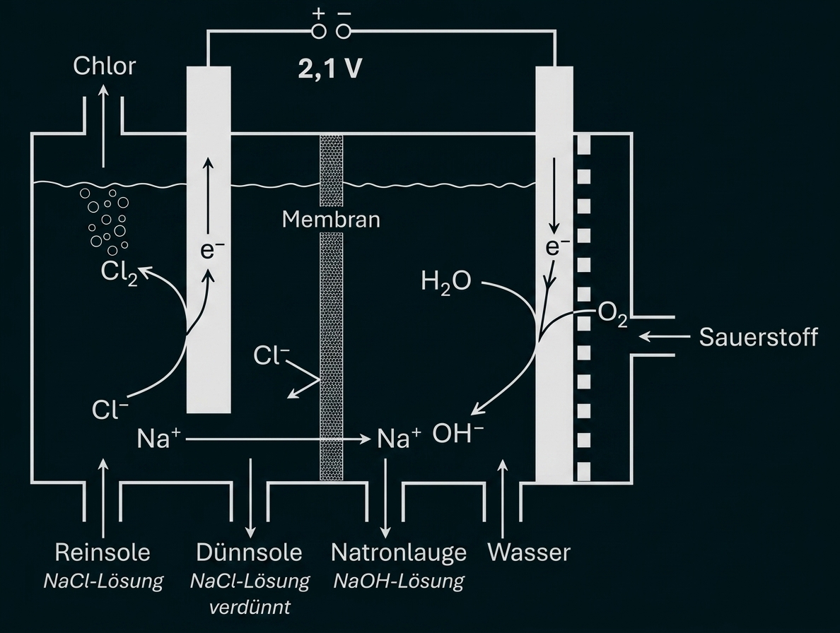 Schema der Chloralkali-Elektrolyse mit Membran, Chlor-, Wasserstoff- und Sauerstoffbildung.
