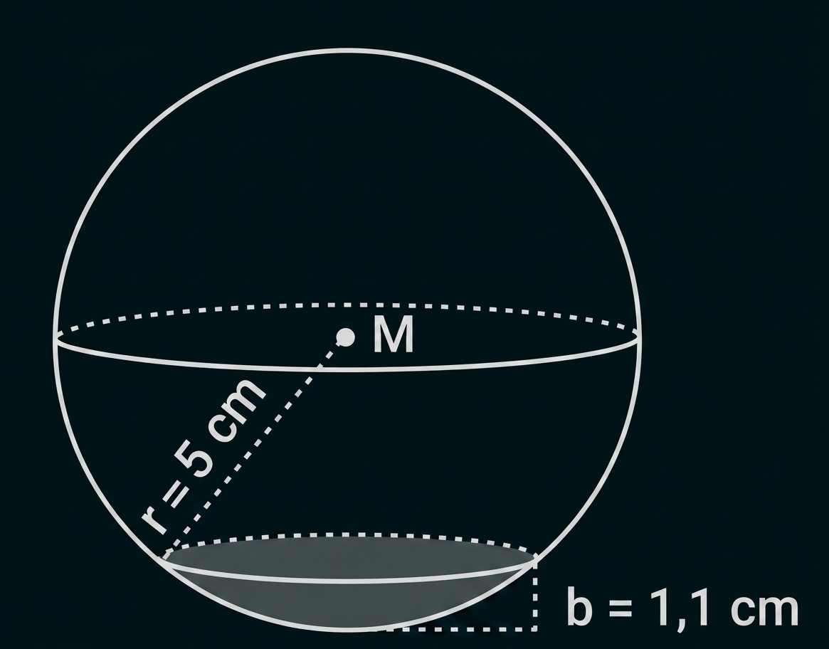 Kugelskizze mit Mittelpunkt M, r = 5 cm und schattierter Kugelkappe, Höhe b = 1,1 cm.