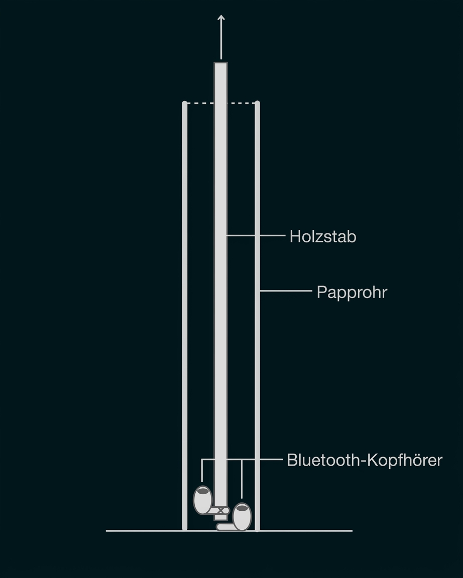 Diagramm mit Holzstab, Papprohr und Bluetooth-Kopfhörern.