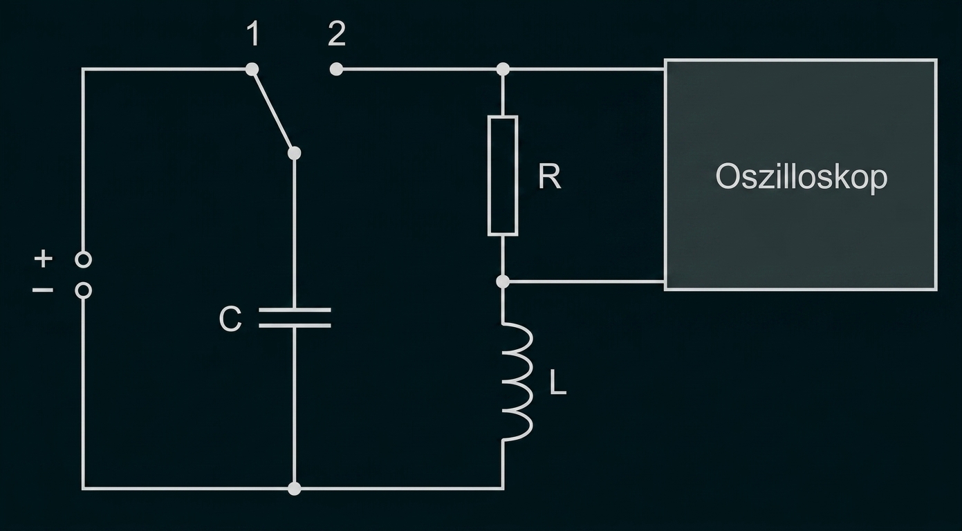 Schaltplan: Batterie, Schalter, Kondensator C, Spule L, Widerstand R und angeschlossenes Oszilloskop
