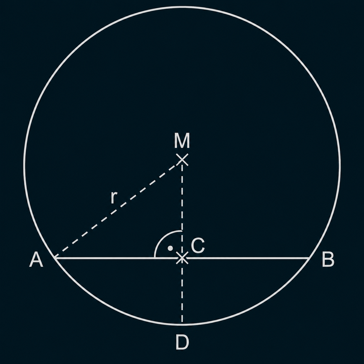 Kreisskizze: Durchmesser AB, Mittelpunkt C, Radius r von A zu M, vertikale Achse mit M oben und D unten.