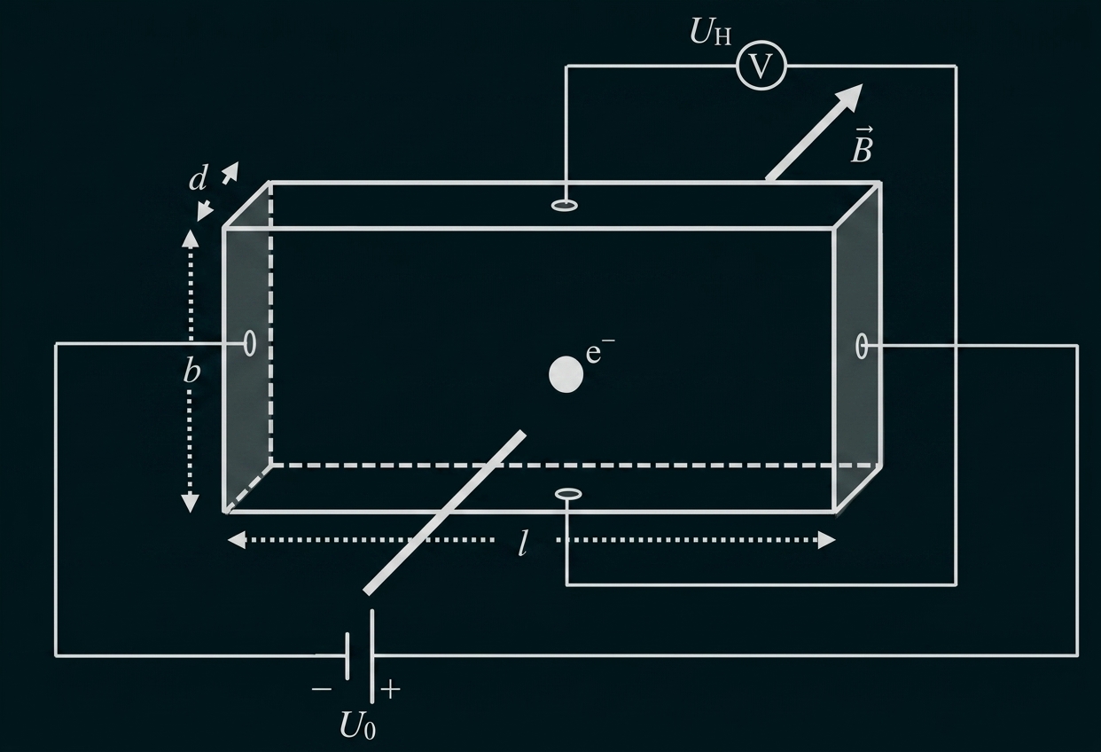 Schematische Zeichnung eines rechteckigen Leiters mit Stromquelle, Magnetfeld, Hall-Spannungsmessung und Maßen (l, b, d).