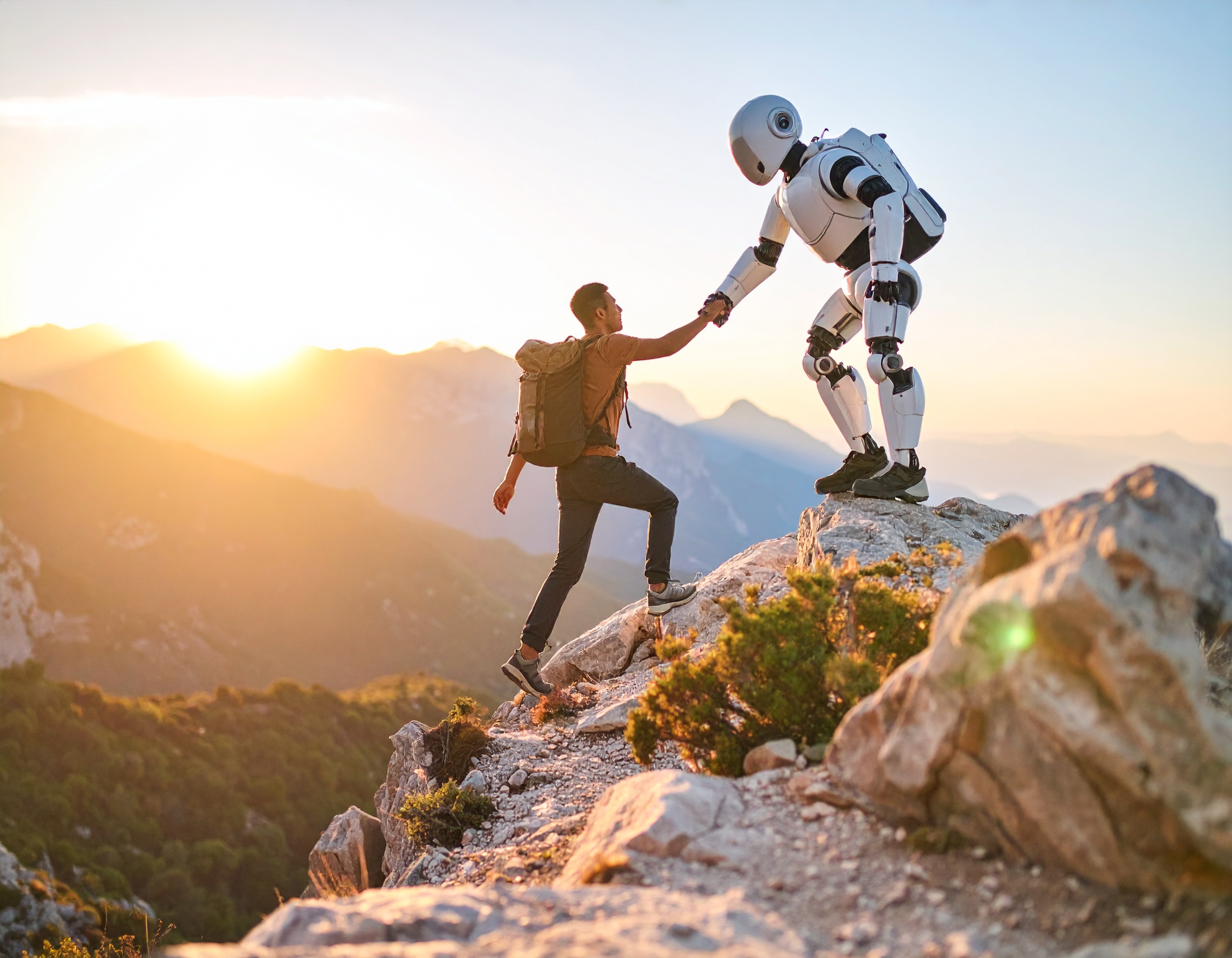 Mann und Roboter helfen sich gegenseitig auf einem Berg bei Sonnenuntergang.