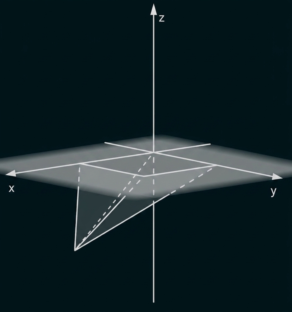 3D-Koordinatensystem (x,y,z) mit Ebene und dreieckiger Fläche samt gestrichelten Projektionslinien.