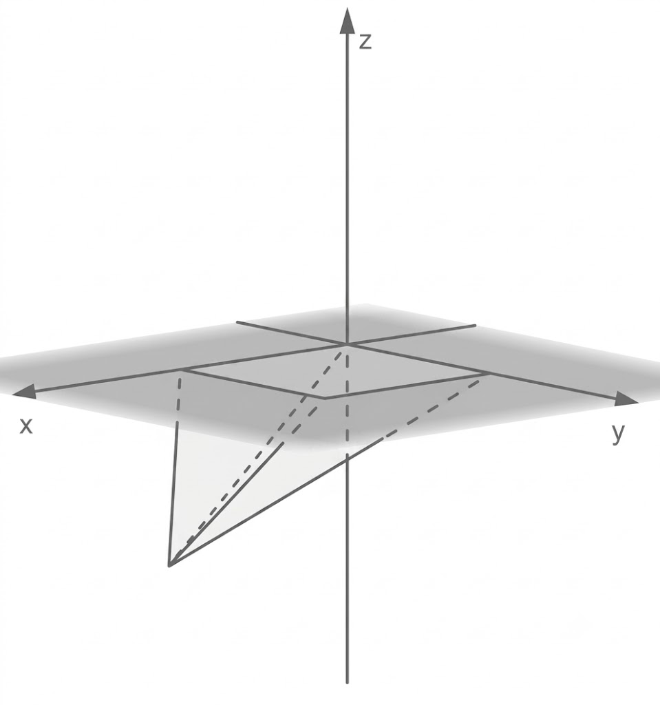 3D-Koordinatensystem (x,y,z) mit Ebene und dreieckiger Fläche samt gestrichelten Projektionslinien.