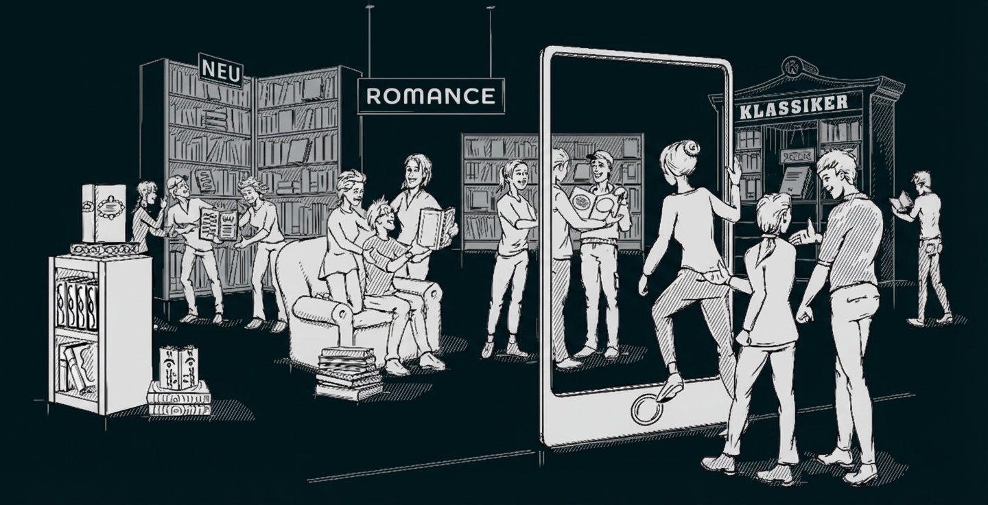 Buchhandlung mit Lesenden, Regalbeschriftungen (Neu, Romance, Klassiker) und großem Smartphone‑Spiegel.
