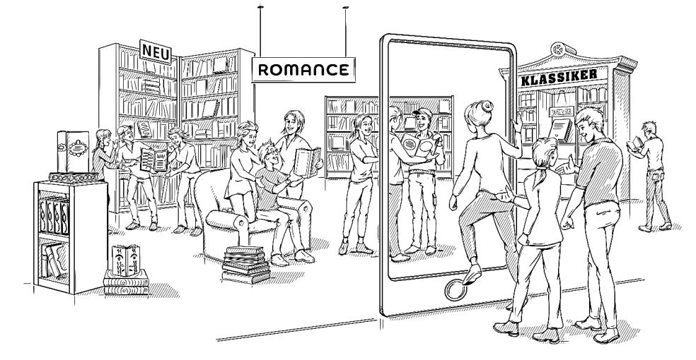 Buchhandlung mit Lesenden, Regalbeschriftungen (Neu, Romance, Klassiker) und großem Smartphone‑Spiegel.