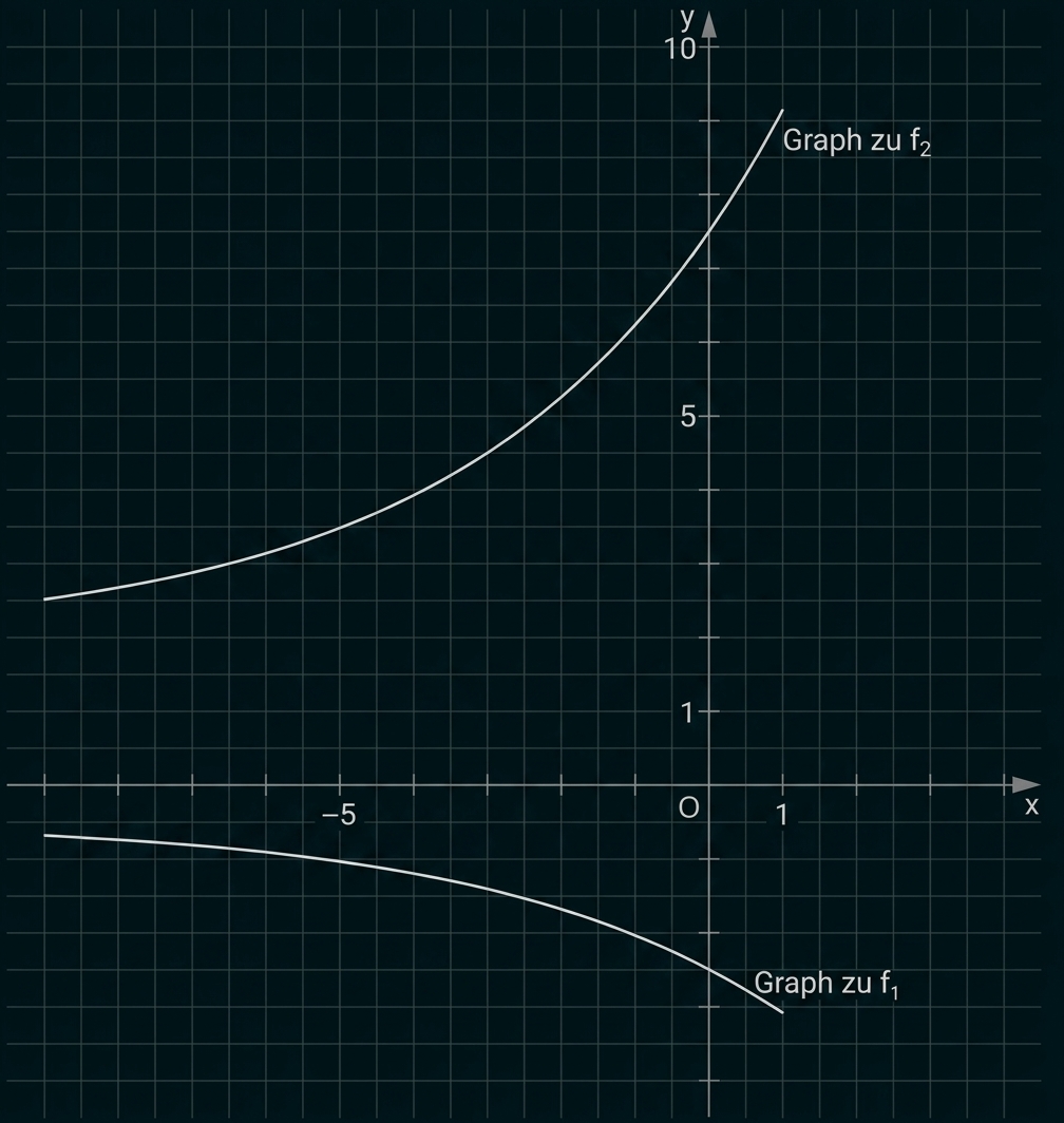 Zwei Kurven in einem Koordinatensystem, beschriftet als Graph zu f1 und Graph zu f2.
