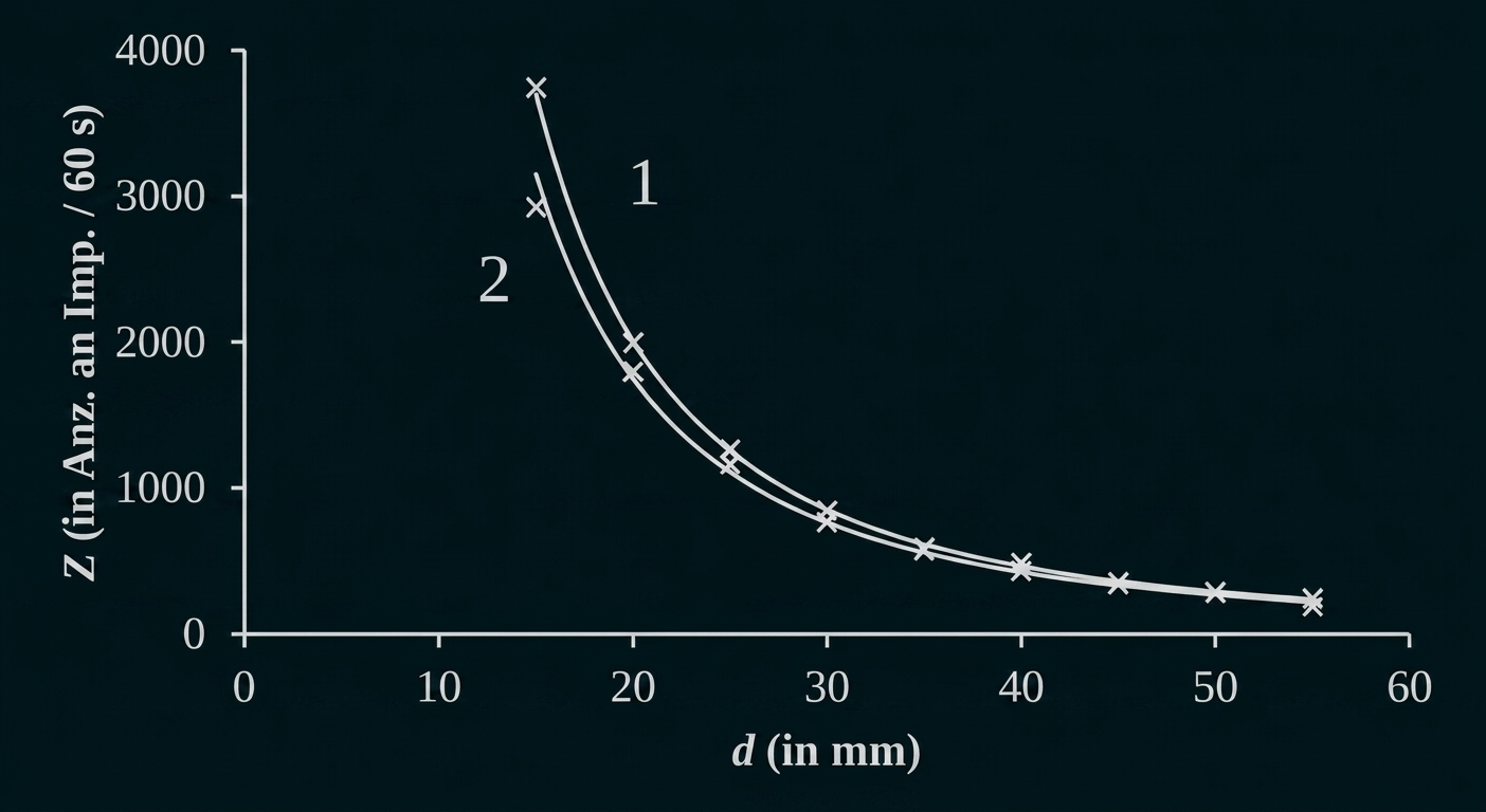 Diagramm: Z (Impulse/60s) vs d (mm), fallende Kurven mit Messpunkten, zwei Datensätze (1 und 2)