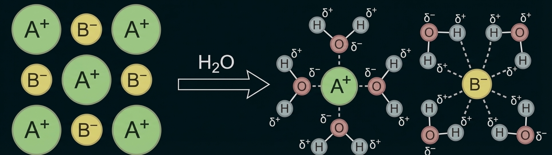 Skizze Lösungsvorgang eines Ionengitters in hydratisierte Ionen