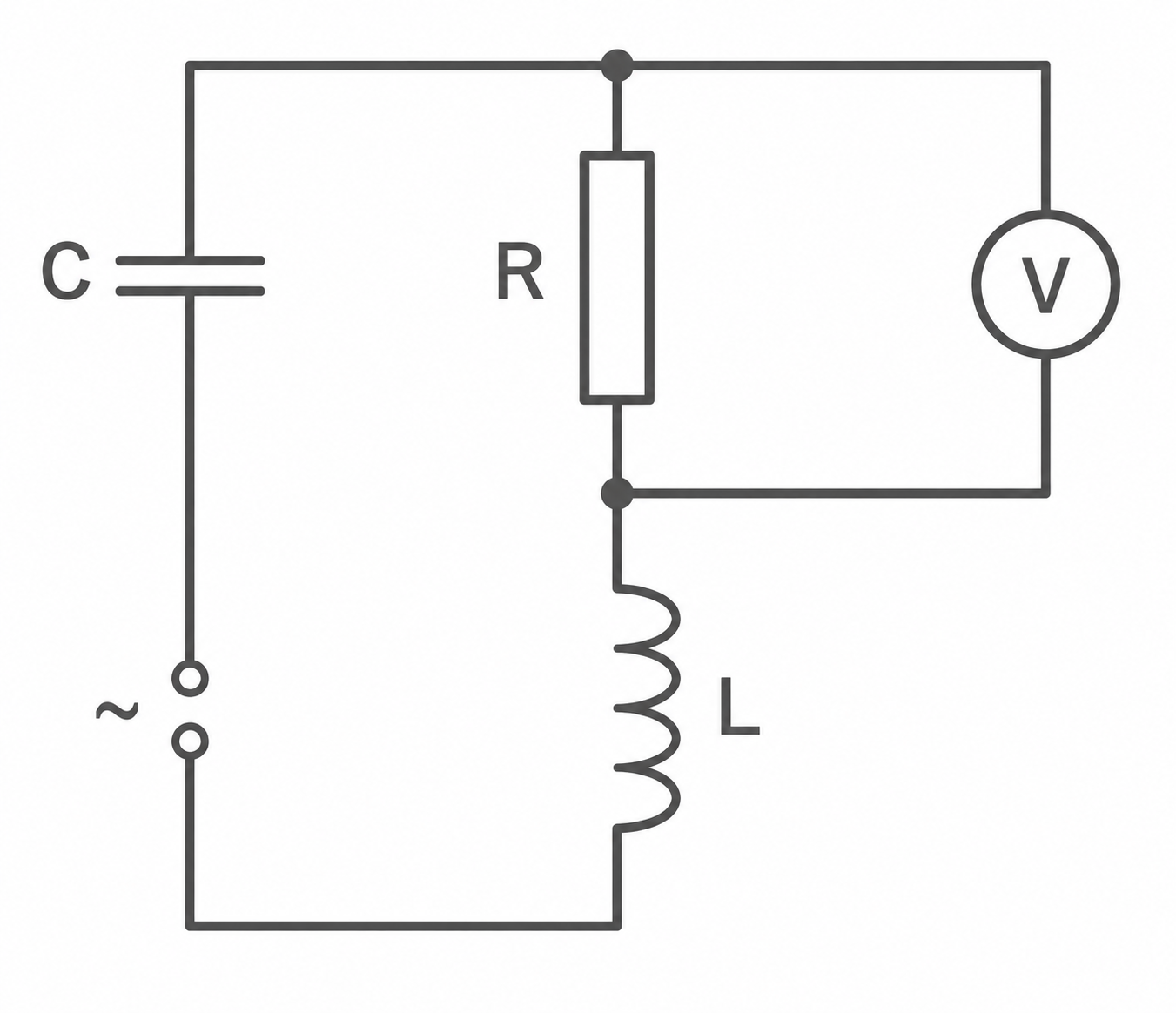 Schaltbild mit Kondensator, Widerstand, Spule und Voltmeter.