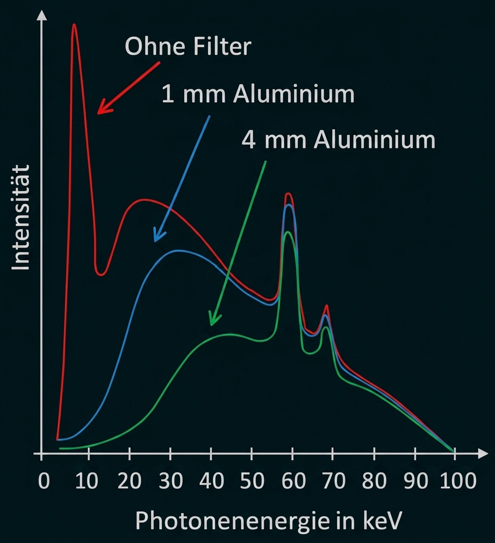 Einfluss von Filtern auf das Röntgenspektrum in Abhängigkeit von der Photonenenergie