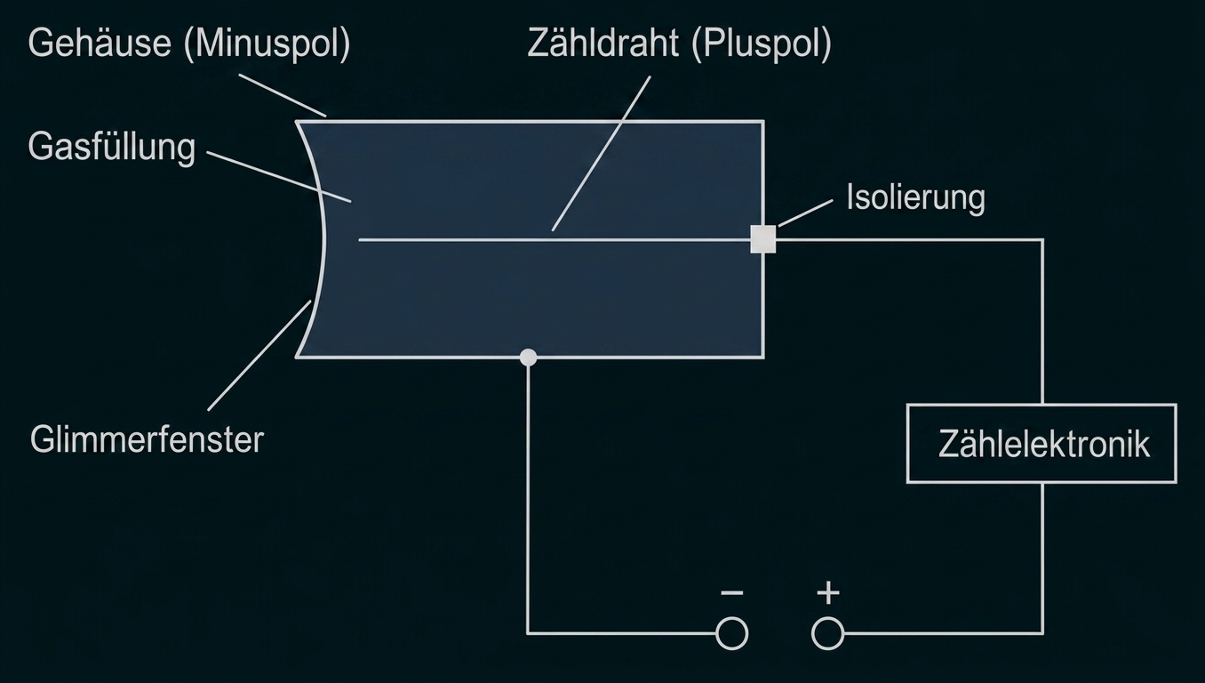 Schematisches Diagramm eines Zählrohrs mit Zähldraht, Gehäuse, Gasfüllung, Glimmerfenster und Zählelektronik