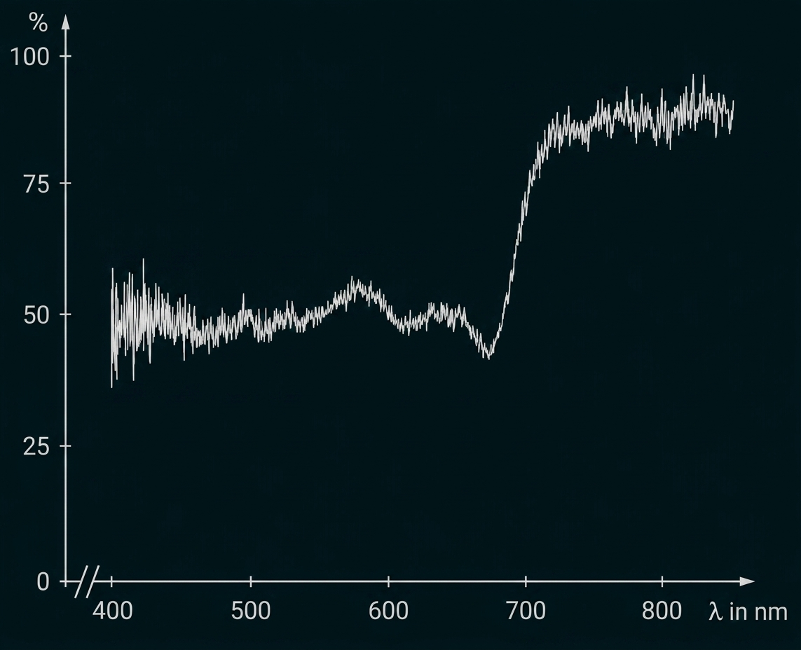 Diagramm: Prozent vs. Wellenlänge (nm), Kurve bei ~50% von 400–700 nm, deutlicher Anstieg auf ~80–90% oberhalb 700 nm.