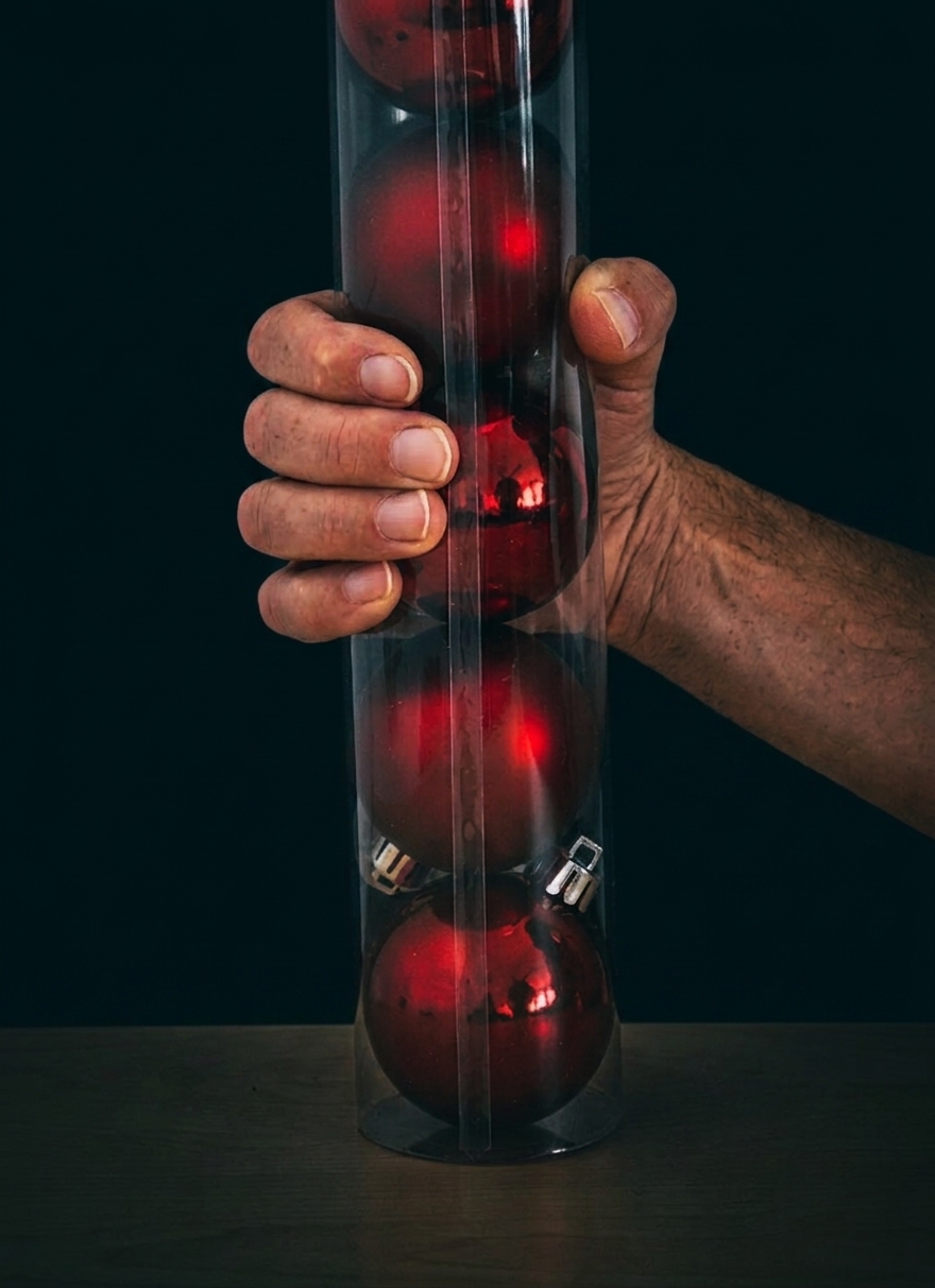 Hand hält transparente Kunststoffröhre mit vier roten Weihnachtskugeln
