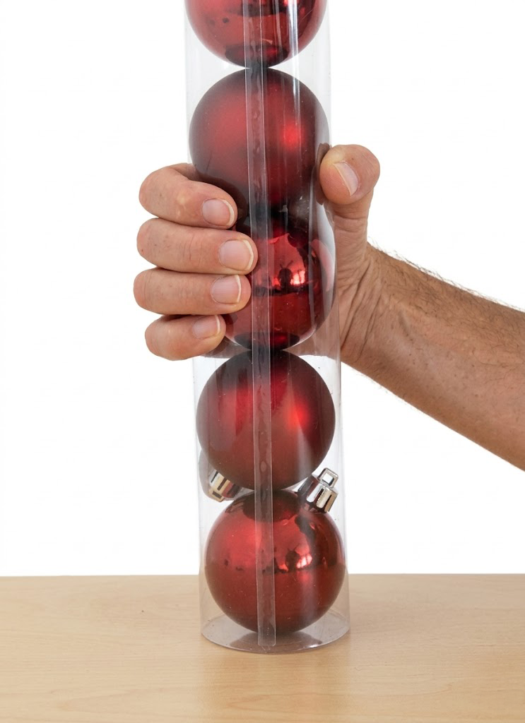 Hand hält transparente Kunststoffröhre mit vier roten Weihnachtskugeln