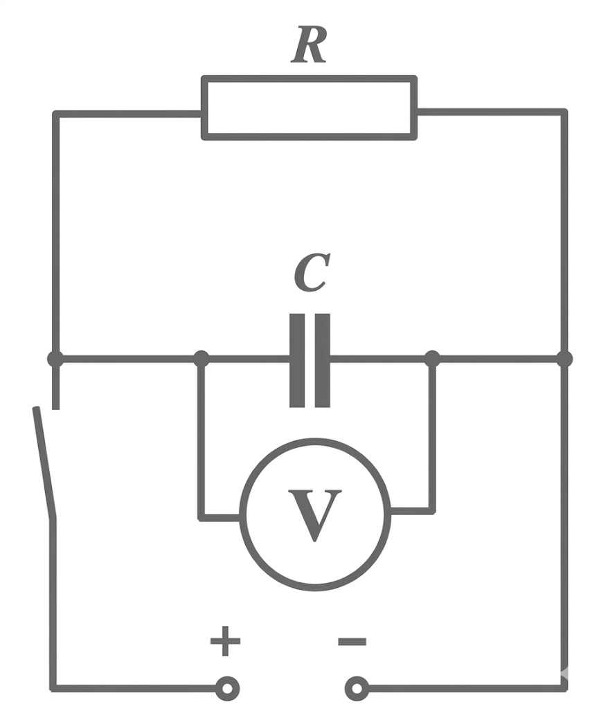 Schaltbild: Widerstand R oben, Kondensator C in Mitte, Voltmeter V, Schalter links, Batteriepol + und - unten.