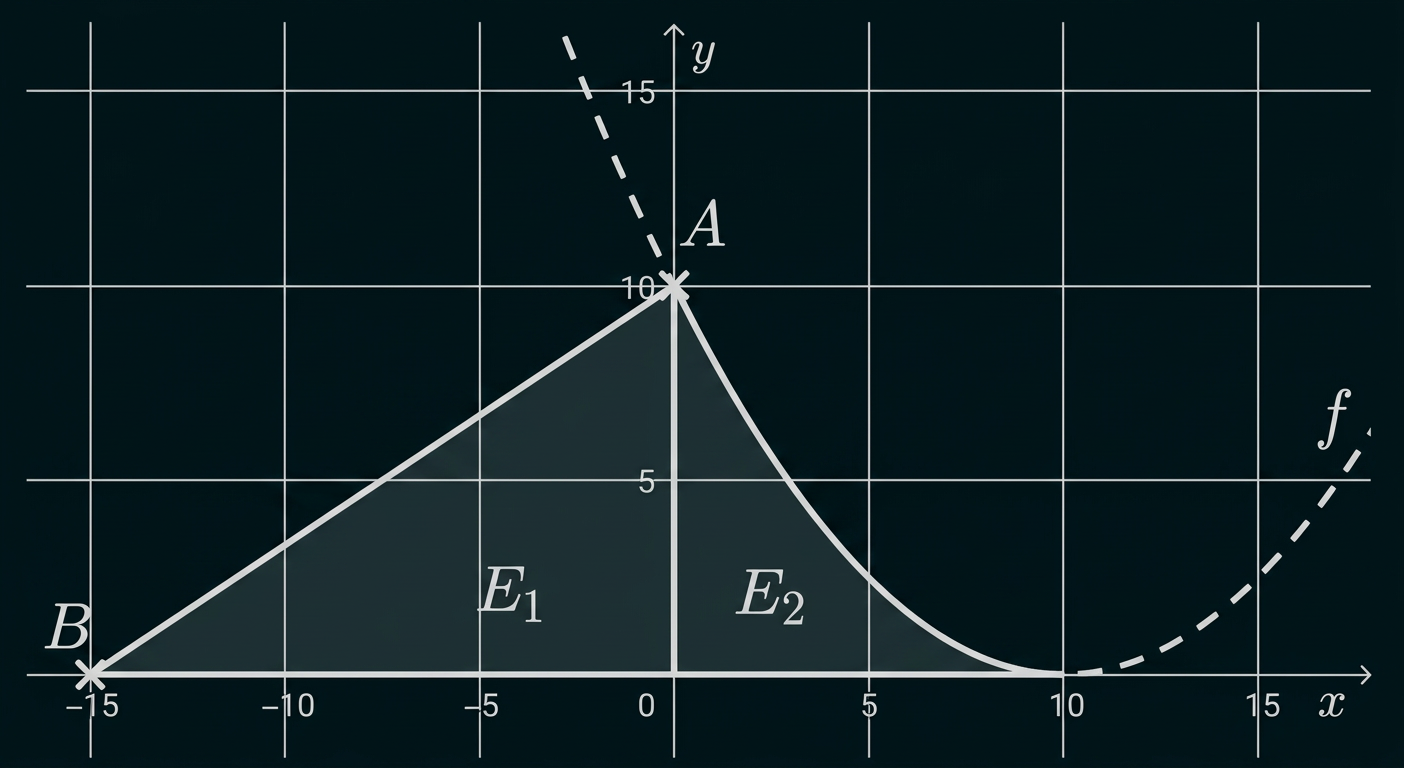 Diagramm mit den Flächen E₁ und E₂ unter einer Kurve zwischen den Punkten B(-15|0) und A(0|10).