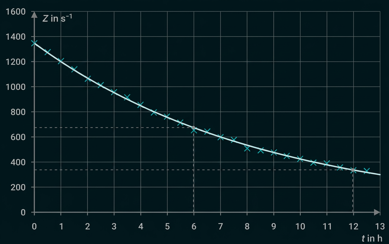 Diagramm der Geschwindigkeit z in s⁻¹ über der Zeit t in Stunden mit fallender Kurve.