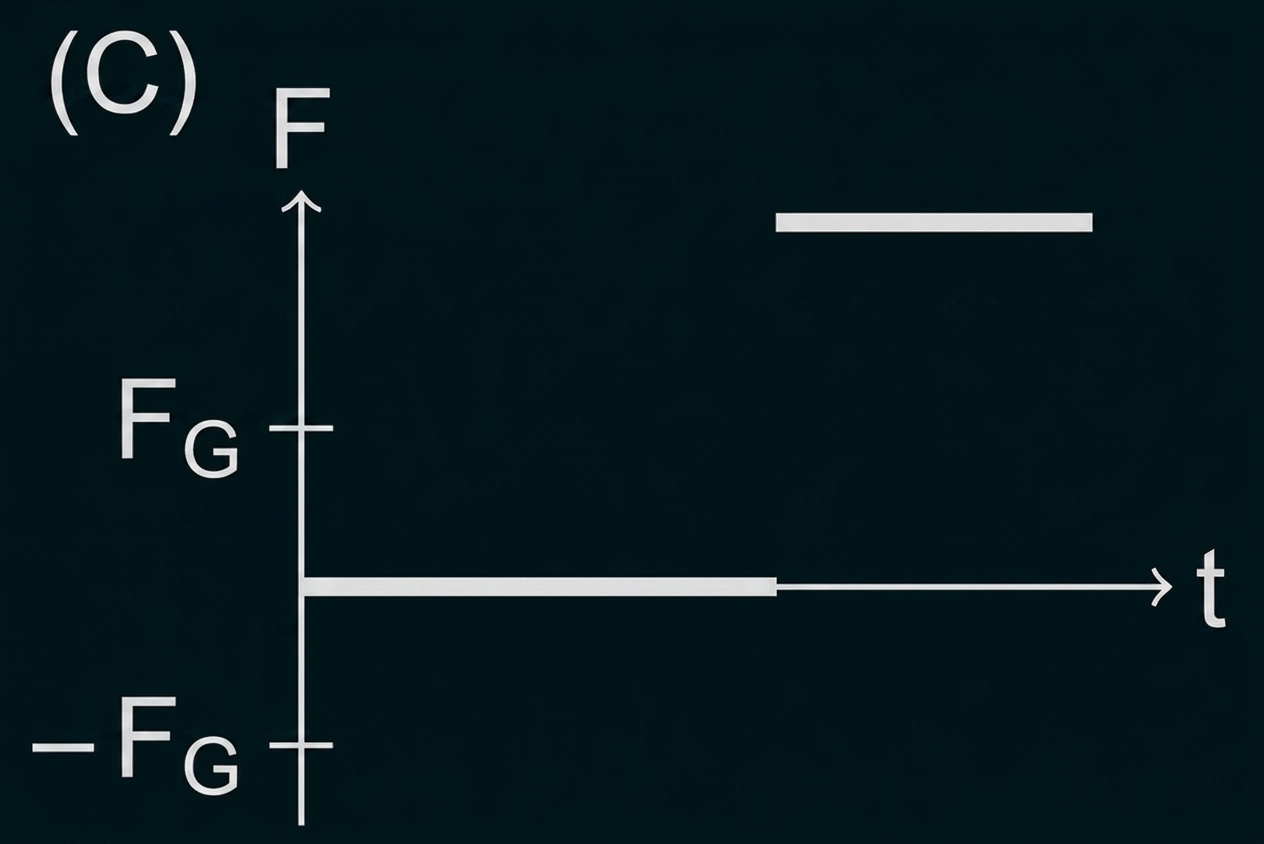 Diagramm: Kraft F gegen Zeit t, y-Achse mit F_G und -F_G, langer Balken bei F_G und ein erhöhter Balken rechts oben