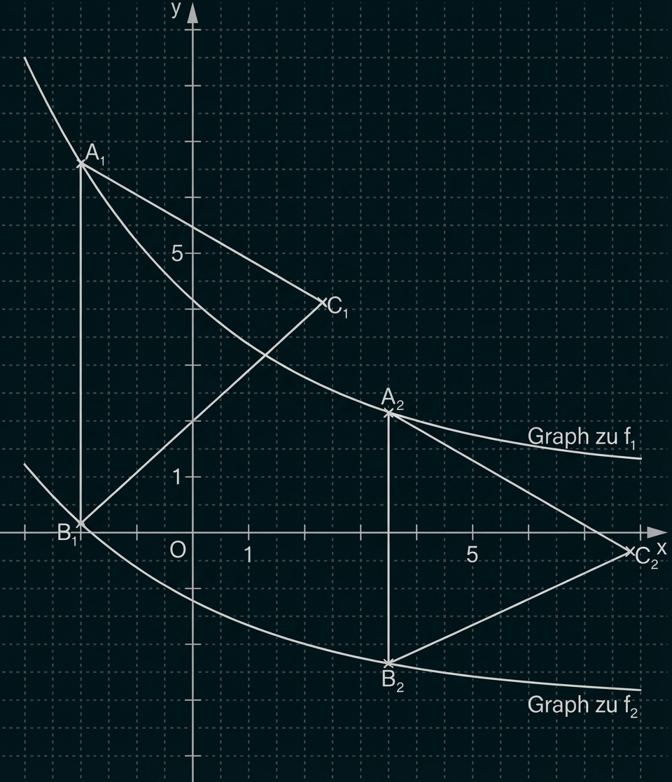 Koordinatensystem mit Gitter, zwei Kurven (Graph zu f1 und f2), markierten Punkten A1,A2,B1,B2,C1,C2 und Verbindungslinien