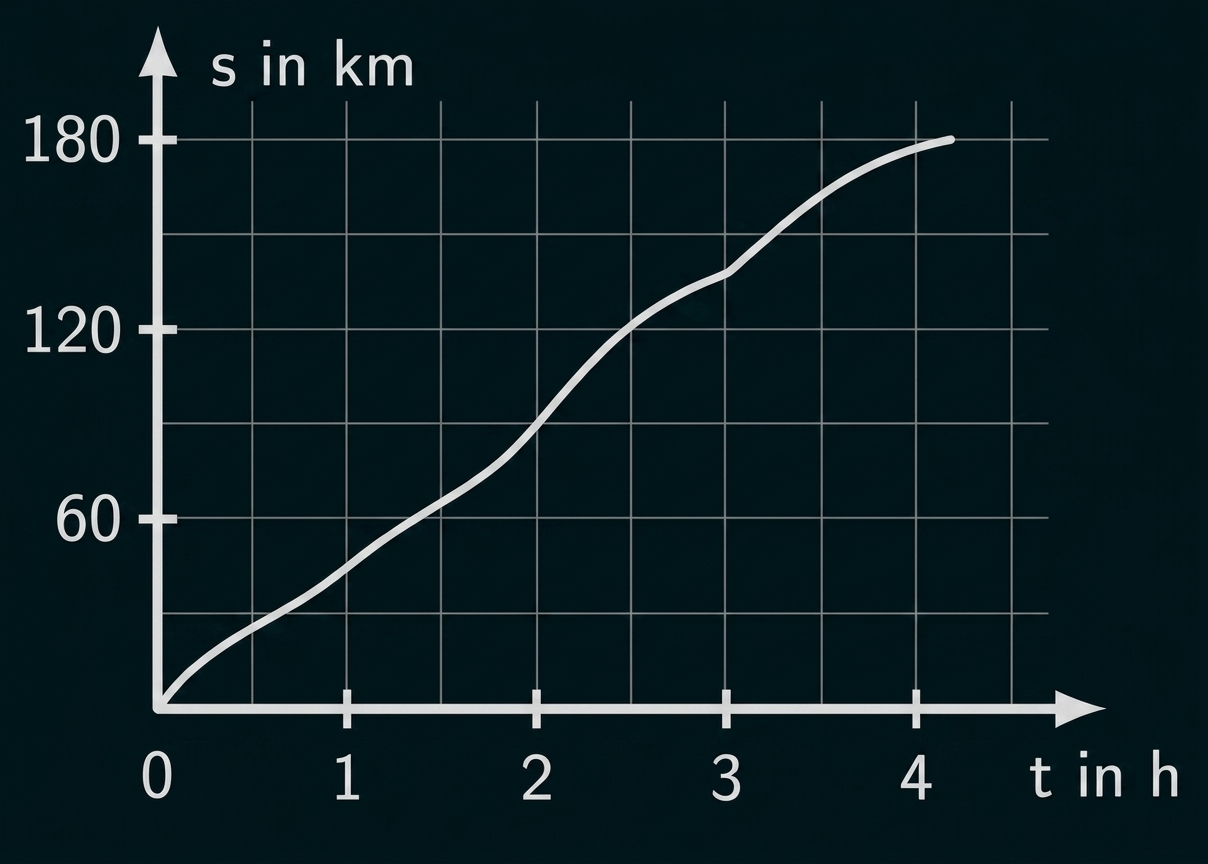 Weg-Zeit-Diagramm mit steigender Kurve über 4 Stunden und 180 km.