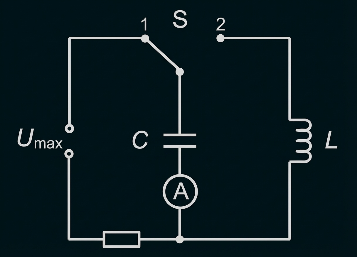 Schaltbild: Schalter S wählt zwischen Kondensator C und Induktivität L; Spannungsquelle Umax, Widerstand und Amperemeter A in Reihe.